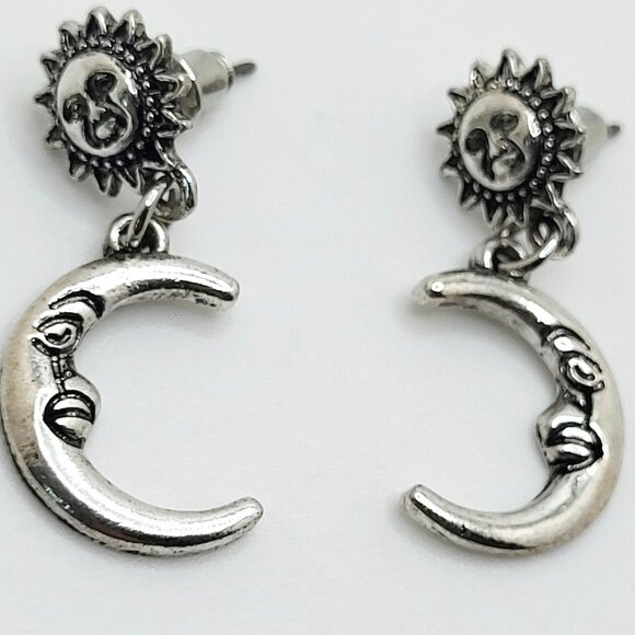 Sun & Moon Celestial Dangle Drop Post Earrings Silver Tone 1.25" Drop - Picture 2 of 5